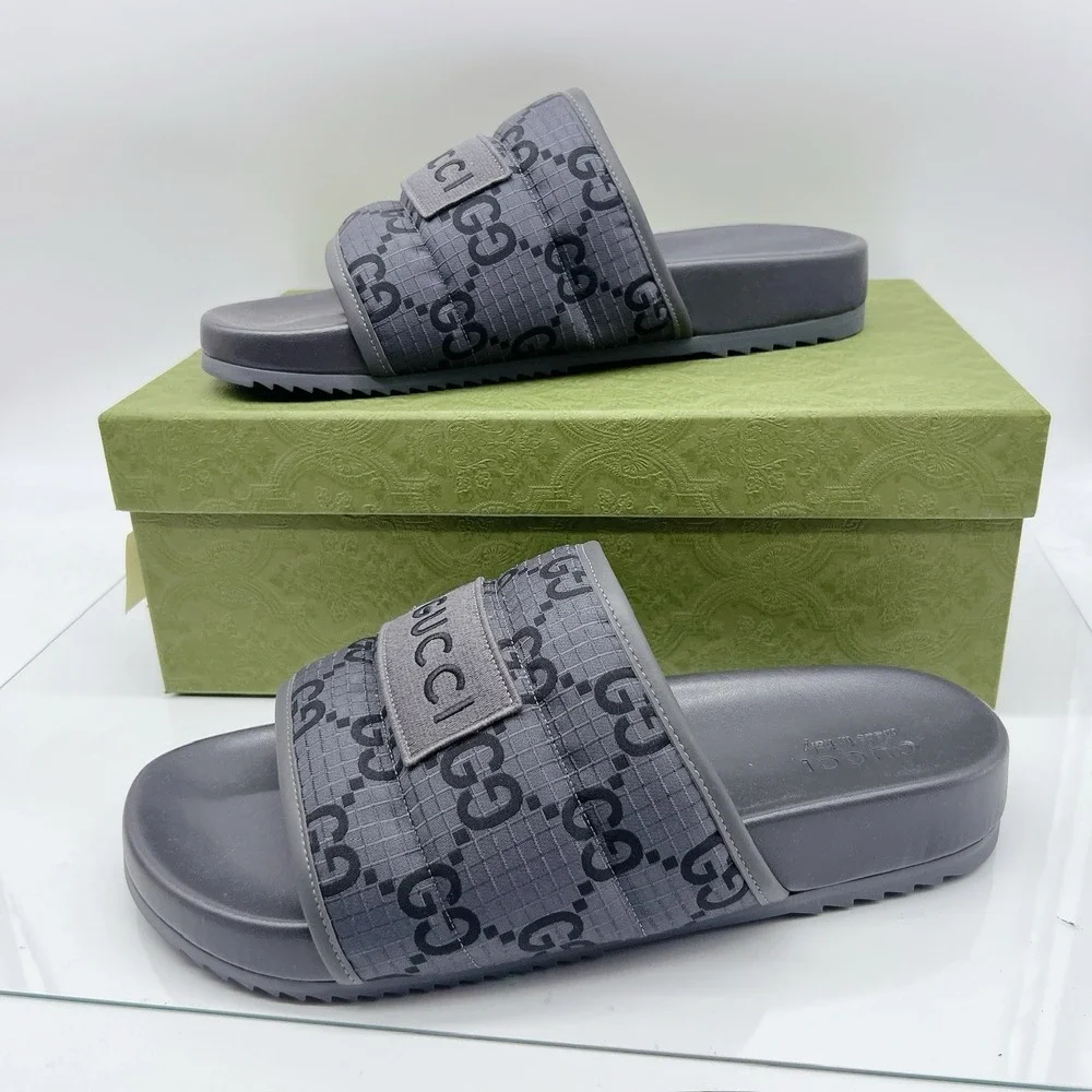 GUCCI Mens GG LOGO Ripstop Monogram Gray Slides Sandals 771466 Men UK 12 US 12.5